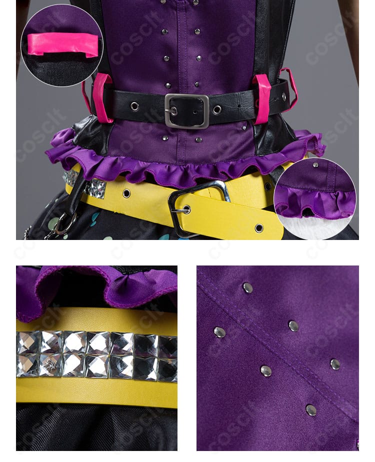 腰部と腰帯飾りの詳細。ベルトと装飾のコントラストでウエストラインを強調