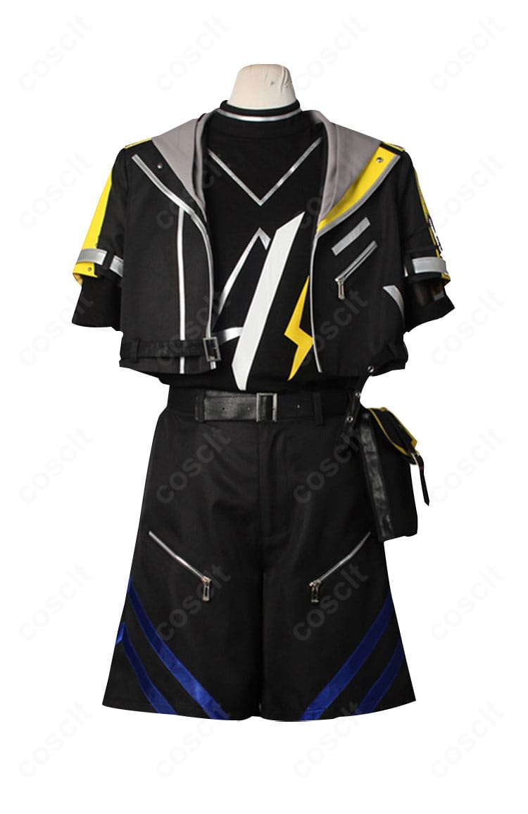 レオナルド・ライト・Jr コスプレ衣装の正面全身。コートと半ズボン、ベルトや肩飾りの配置が分かる