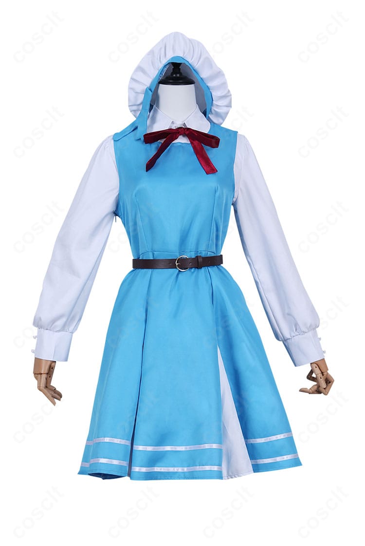 「魔法少女にあこがれて」杜乃こりす コスプレ衣装の正面全身。トップスとワンピースの配色、リボンとベルトの位置が分かるカット。