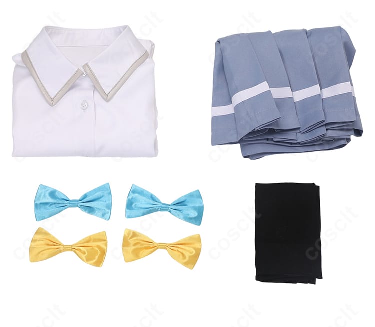 セット内容一覧。シャツ・スカート・靴下・蝶結びの4点セットを並べた確認用イメージ。