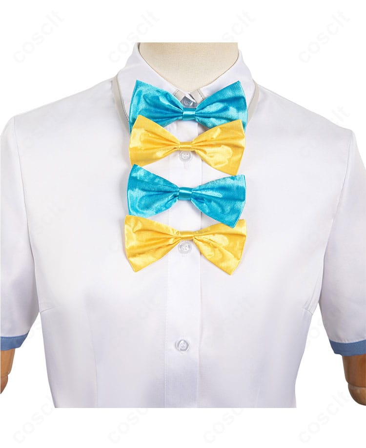 衿部分のクローズアップ。八奈見杏菜の制服らしい端正な衿と蝶結びの結び目ディテール。