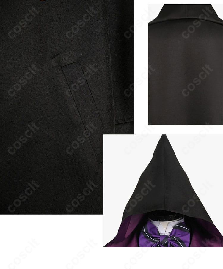グレゴリー・バイオレット 制服の背面とマント、帽子風装飾・衣袋のディテール。立体感と留め具の仕様が分かる画像。
