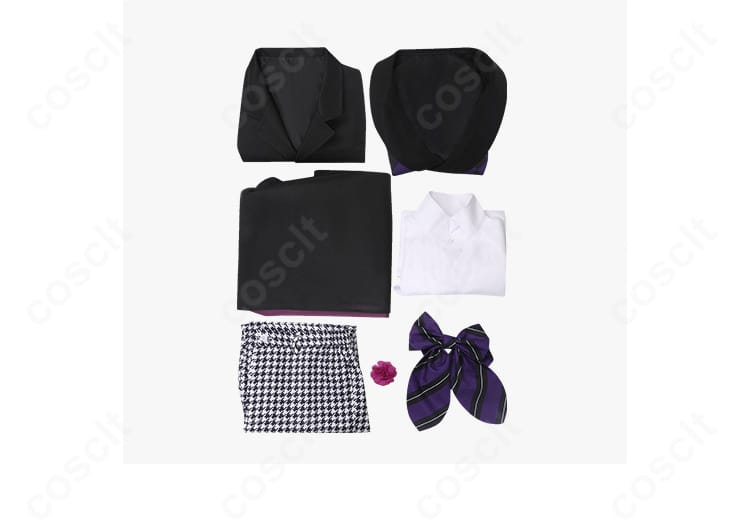 黒執事 グレゴリー・バイオレット コスプレ衣装のセット内容一覧。コート、シャツ、ベスト、ズボン、マント、リボン、胸飾りを配置。