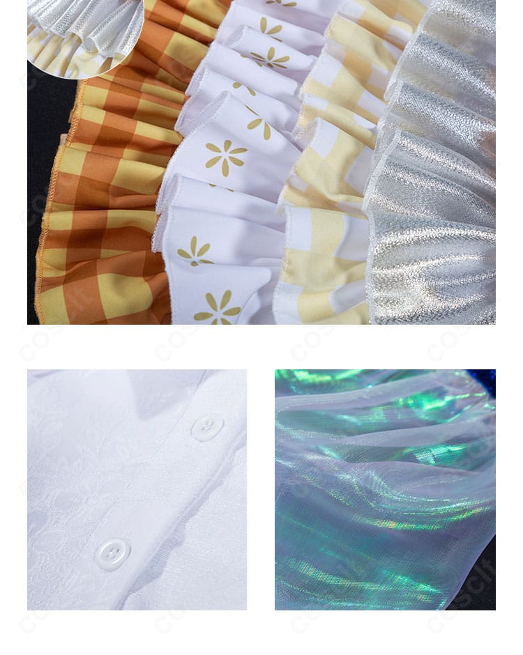 南みれぃ コスプレ衣装のスカート裾と襟元装飾の近接写真。ラインの出方とトリムの色味。