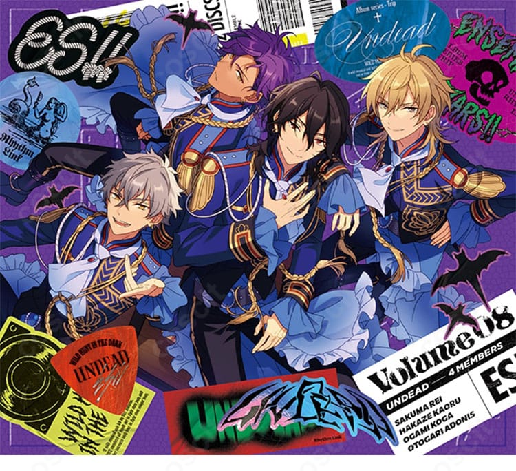 あんさんぶるスターズ!! UNDEAD『TRIP』衣装を着用した大神晃牙・羽風薫・朔間零のイメージ。コスプレ通販対応の高再現コスチューム。