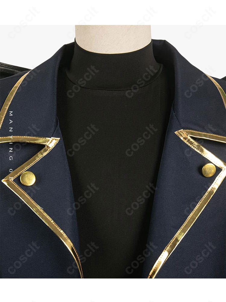 御影玲王 悪魔コスプレ衣装の襟元装飾ディテール。コントラスト配色と金具の配置を精密に表現。