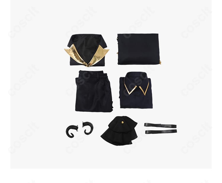 ブルーロック 凪誠士郎 悪魔コスプレ衣装のセット内容一式。コート、シャツ、ベスト、ズボン、スカーフ、角、翼、尻尾、太ももベルト