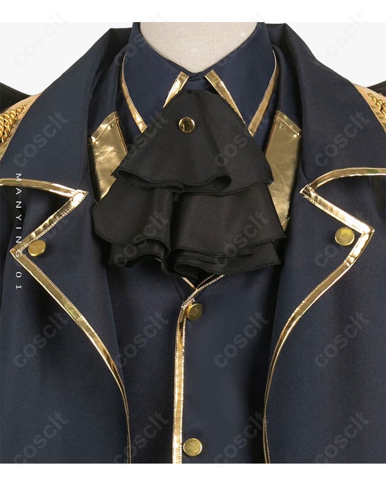 ブルーロック 凪誠士郎 悪魔コスプレ衣装の衣襟装飾アップ。刺繍と飾り縁の質感、ダーク配色のコントラストを詳細表示