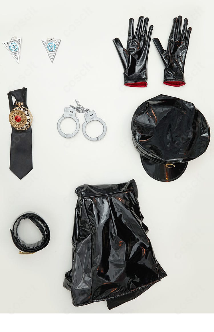 ベヨネッタ2 ベヨネッタ コスプレ衣装のセット内容。ワンピース・帽子・耳飾り・ベルト・ネクタイ・手袋・手錠を一括表示。