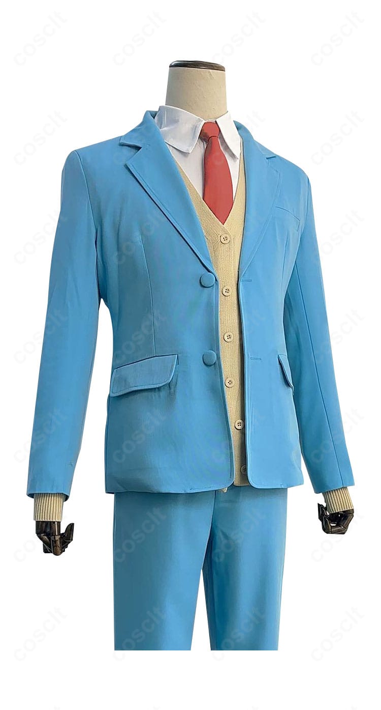 右側面ディテール:パンツのシルエットとブレザーの袖口デザインがわかるサイドビュー