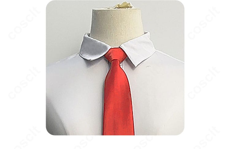白シャツの襟元とネクタイのアップ。結び目が崩れにくい設計