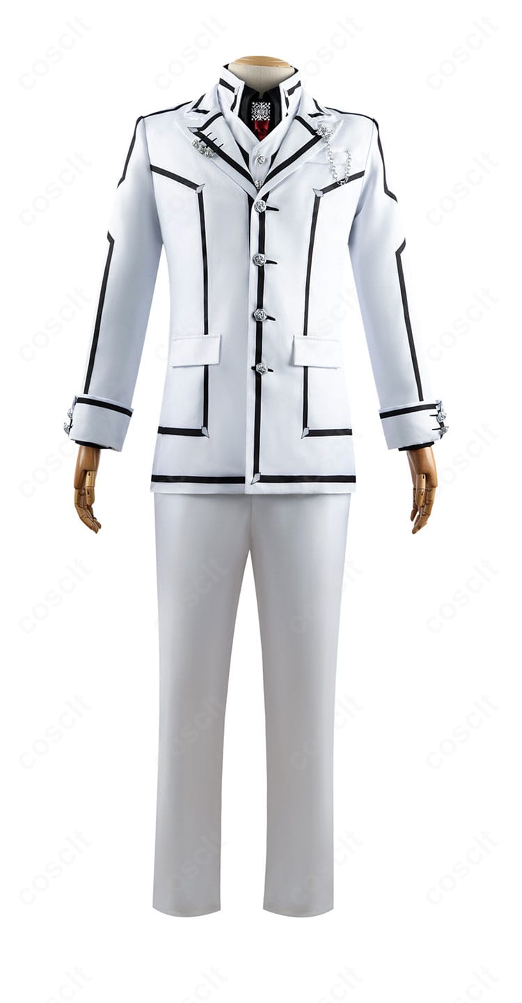 『ヴァンパイア騎士』玖蘭枢 コスプレ衣装の正面全身。白地に黒ラインの配色と端正なシルエットがわかるカット。