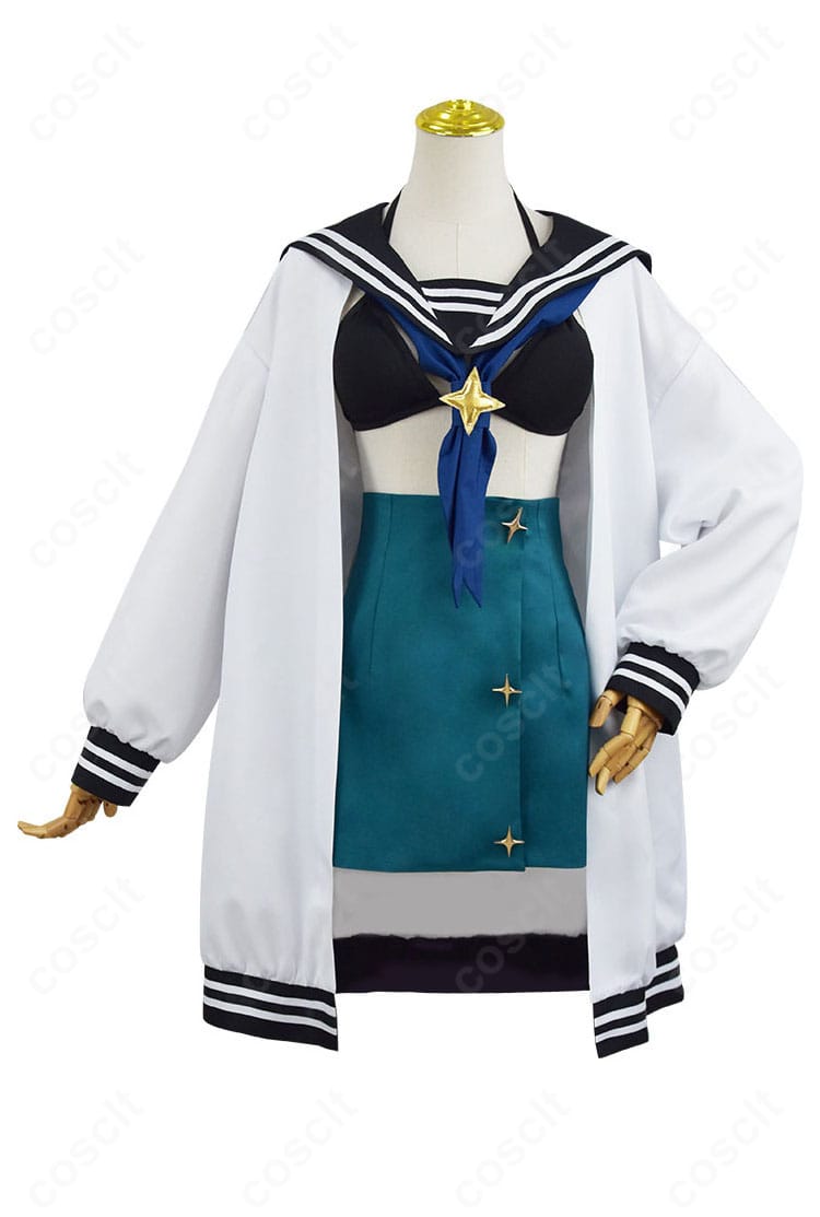 正面から見た阿古屋真珠のアイドル衣装一式。胸元装飾とコートラインが際立つ構成。