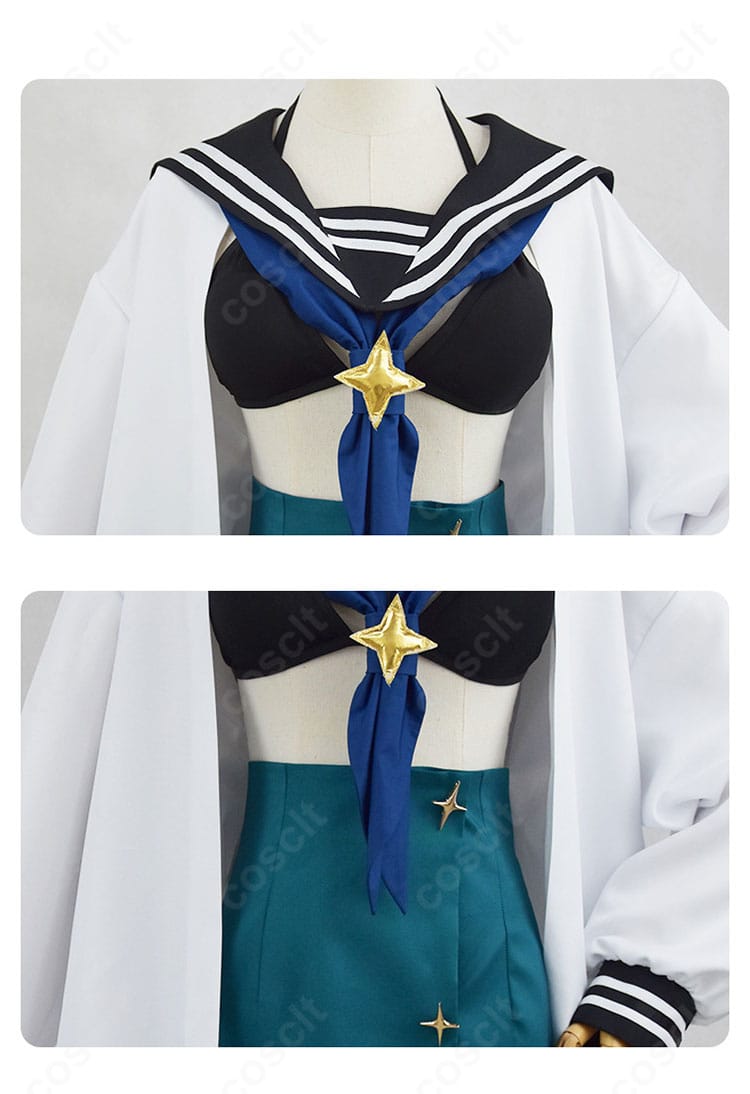 胸元・刺繍・装飾のクローズアップ。繊細なステッチと装飾パーツの質感を表現。