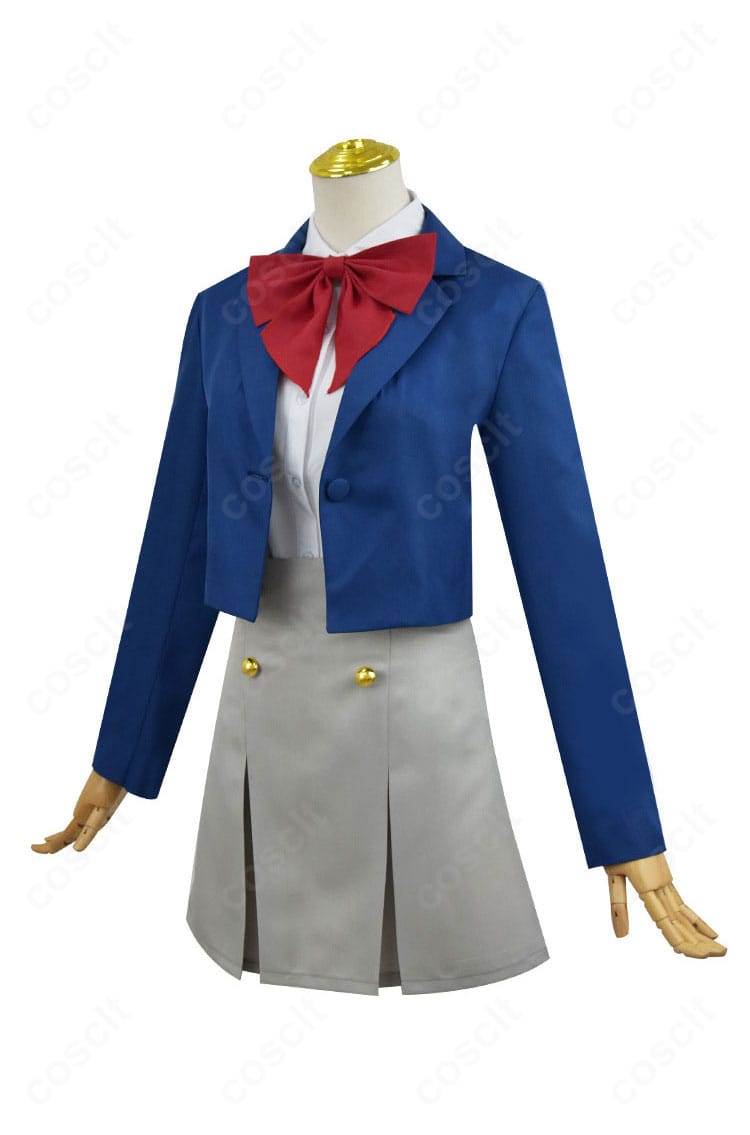 阿古屋真珠 制服コスプレ左側面。赤いリボン、シャツの襟元、スカートのプリーツが確認できる。