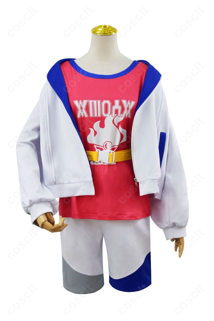 『ポケモンSV 藍の円盤』スグリ コスプレ衣装の正面全身。コート・ベスト・ショートパンツのシルエット