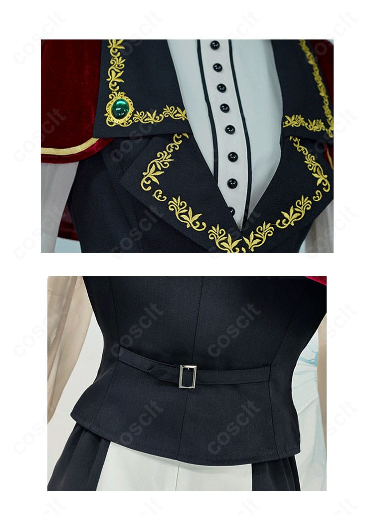 前胸と背面ディテールのクローズアップ。生地の質感と装飾の再現度を示す画像。