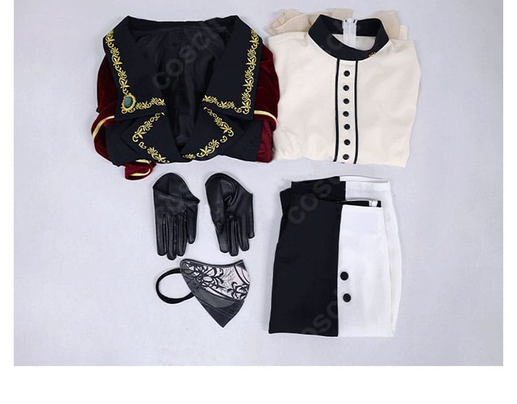 衣装一式のセット内容一覧。コート・インナー・半ズボン・手袋・マスクを並べて紹介。