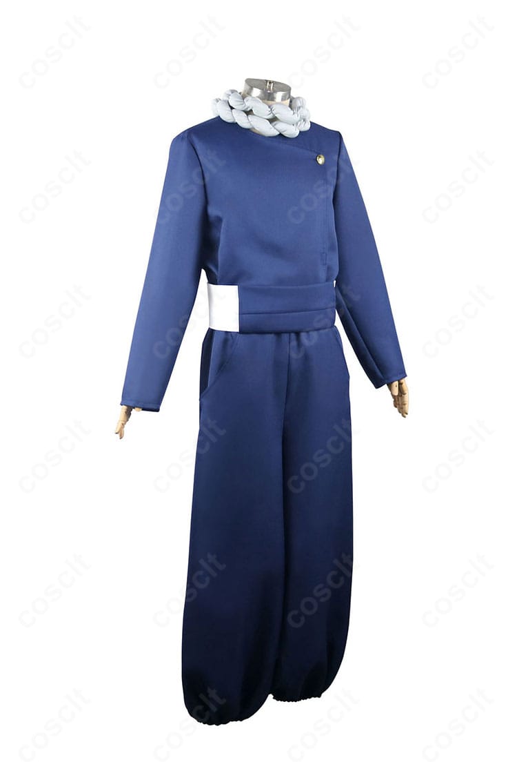 呪術廻戦 究極メカ丸 コスプレ衣装のサイドビュー。ウエストのベルト位置とパンツのシルエットが分かる角度。