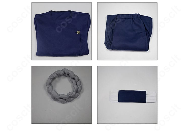 究極メカ丸 コスプレ衣装のセット内容一式。トップス・ズボン・首飾り・コルセットベルトの4点を並べた写真。