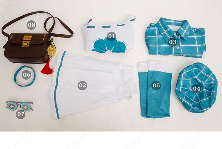 セット内容のフラットレイ。トップス、スカート、シャツ、帽子、靴下、チョーカー、メガネ、ショルダーバッグを一望。