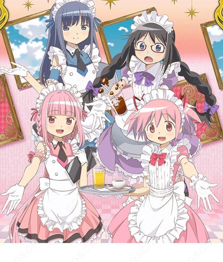 マギアレコード 鹿目まどか セガコラボカフェ版メイド服を着用したキャラクター再現イメージ。清楚な配色と装飾が分かる全身カット。