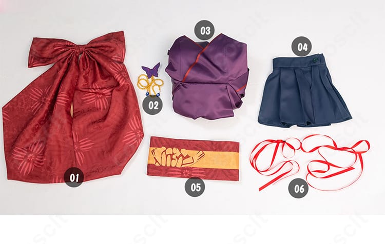 セット内容一覧。ワンピース、スカート、コルセットベルト、髪飾り、背部蝶結びが含まれるフルセット。