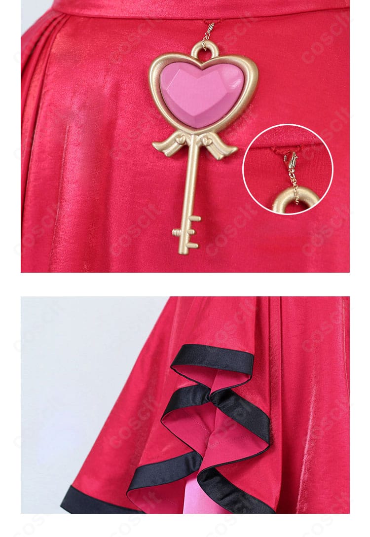 スカート＆アクセサリーのハート鍵モチーフ。チェーンとのバランスや質感を詳細に表現。