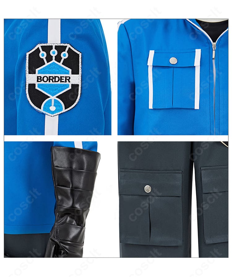 肩部エンブレム、コートポケット、手袋装飾のクローズアップ。作中設定に合わせた再現ポイントを強調。