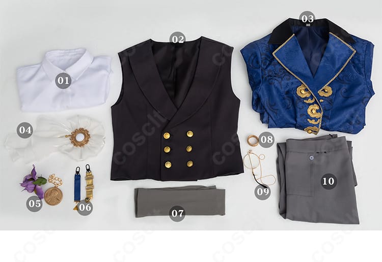 第五人格 隠者 コスプレ フルセット一式。シャツ・ベスト・コート・小物の内容が一目でわかる画像