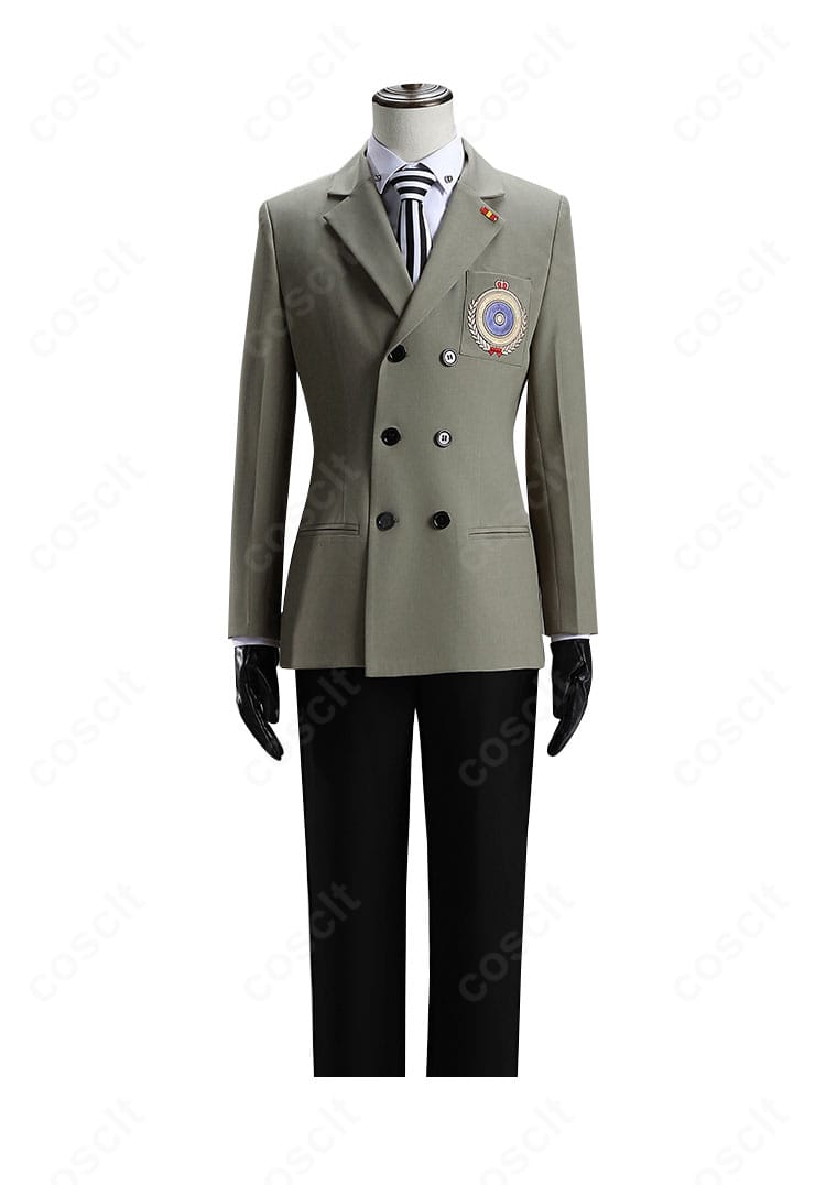ペルソナ5 明智吾郎 制服コスプレの正面アップ。襟飾りとネクタイ位置、ボタン配列など細部再現を強調したカット。
