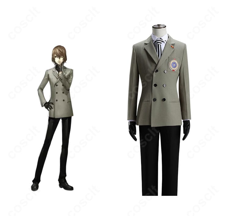 ペルソナ5 明智吾郎 制服コスプレの正面全身とキャラクター参考を並べた画像。端正なシルエットと高再現のディテールが分かる構図。