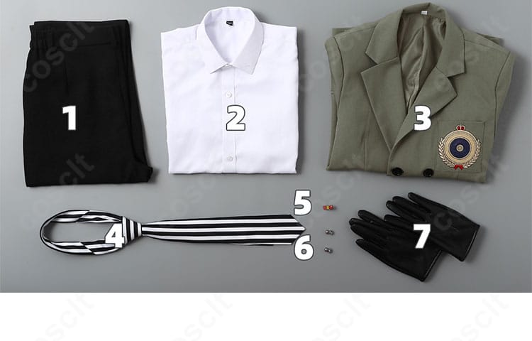 ペルソナ5 明智吾郎 制服コスプレのセット内容一式。コート、シャツ、ズボン、ネクタイ、襟飾り、手袋を並べた確認用画像。