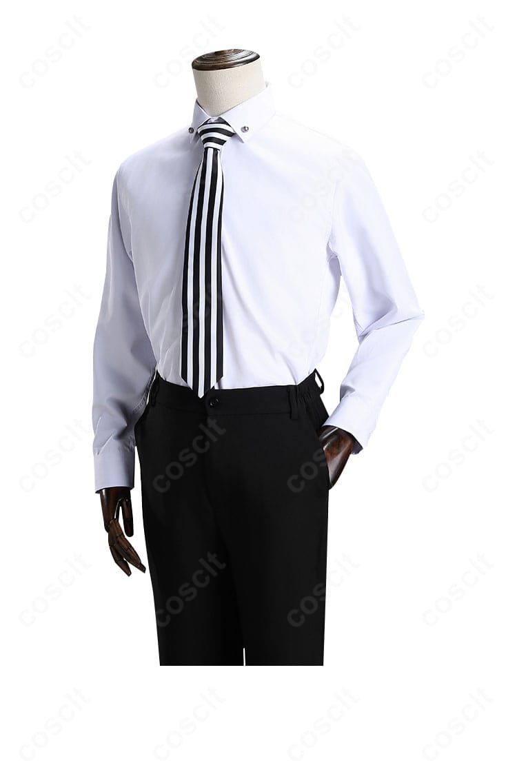 ペルソナ5 明智吾郎 制服コスプレの白シャツ詳細。襟の形状とボタン、ステッチが見える質感重視のカット。