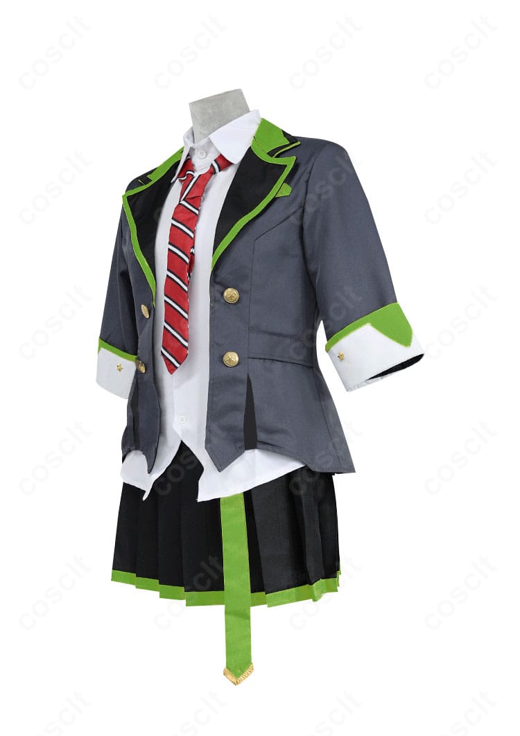 日野森志歩 ユニット衣装(Leo/need)の側面。コートのラインやスカートのフレア、縫製ディテールが見えるサイドビュー。