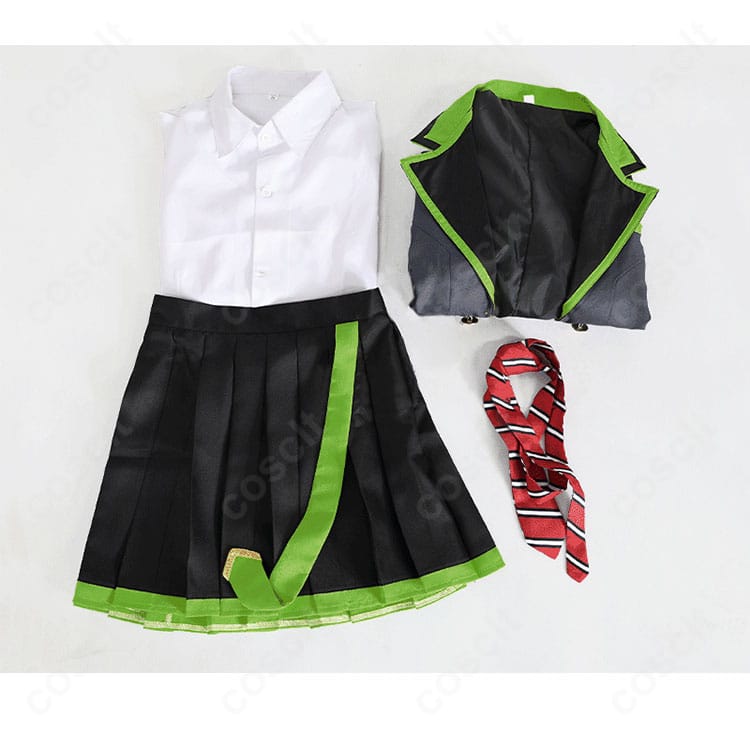日野森志歩 コスプレ衣装セット内容。コート、シャツ、スカート、ネクタイの4点を並べた構成確認写真。