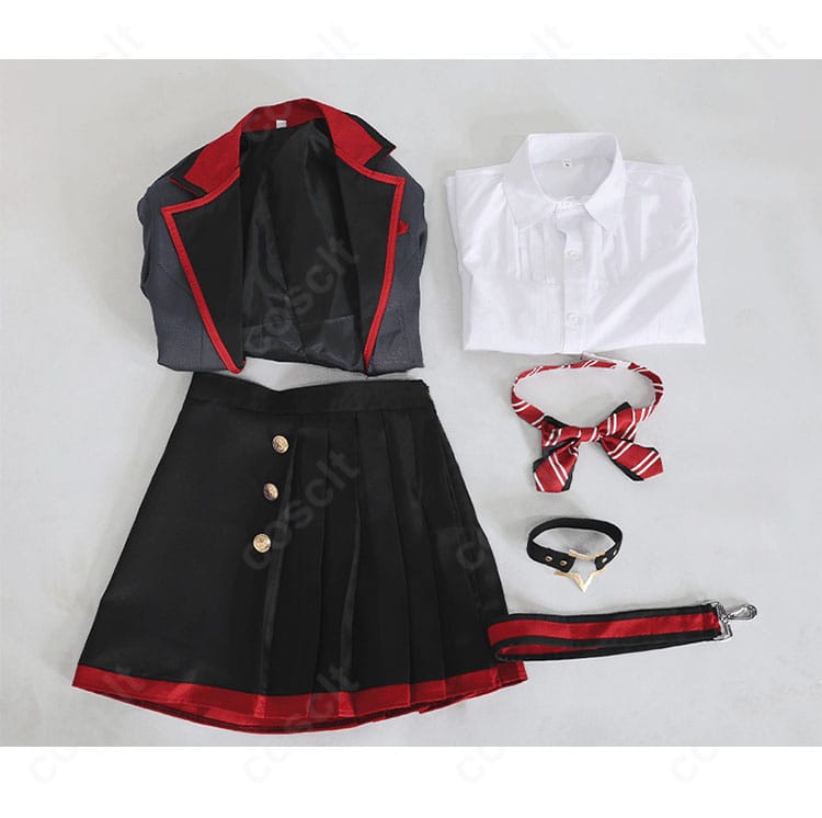 望月穂波 ユニット衣装コスプレ セット内容。コート、シャツ、スカート、スカーフ、腕ベルト、飾り物の6点が一目で分かる画像。
