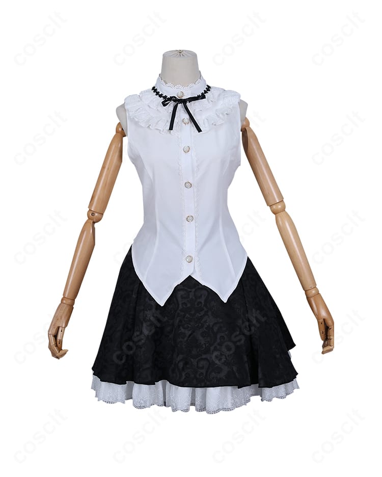 インナー(シャツ)正面ディテール。前立てのフリルとボタン配置、ステッチの整いを拡大で表示。