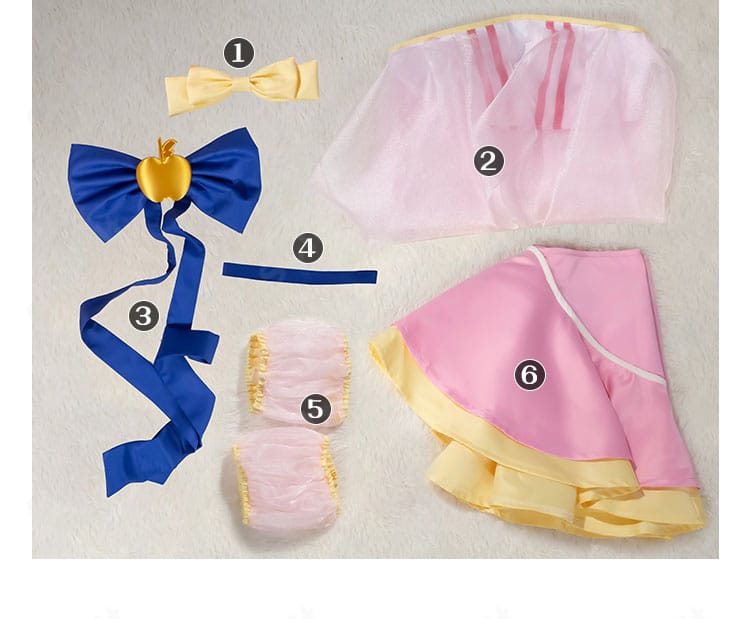 セット内容一覧。髪飾り・トップス・スカート・胸元蝶結び・チョーカー・袖が並んだ全体画像。