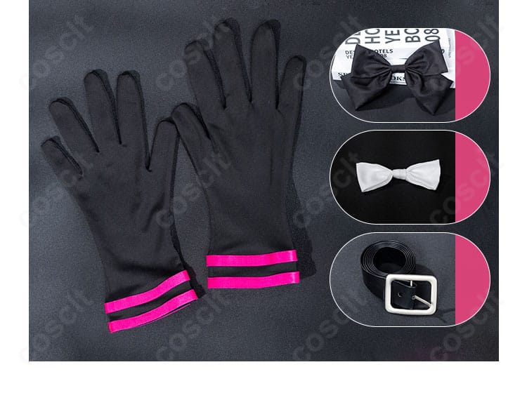 春音あいら コスプレ衣装の蝶結び・手袋・ベルトのアクセサリー構成。コーデのアクセントと装着位置のイメージが分かる画像。