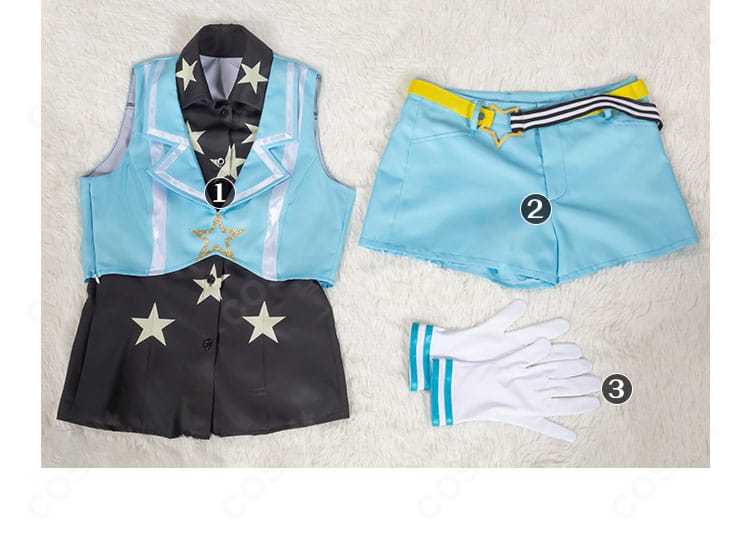 天宮りずむ コスプレ衣装セット内容一式。トップス、ショートパンツ、手袋の3点が並ぶ全体確認画像。