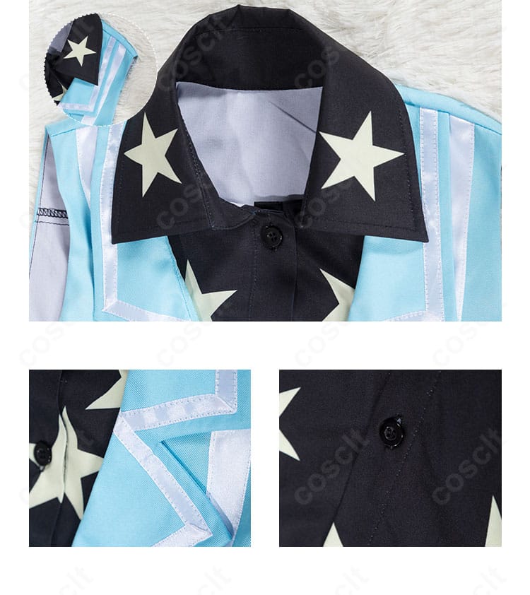 襟・衣領装飾の詳細。左右のバランスと装飾の留め付け、光沢感を強調したディテール写真。