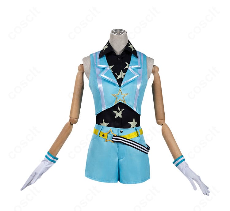 天宮りずむ コスプレ衣装の正面全身。トップスとショートパンツのライン、襟元装飾まで忠実に再現。