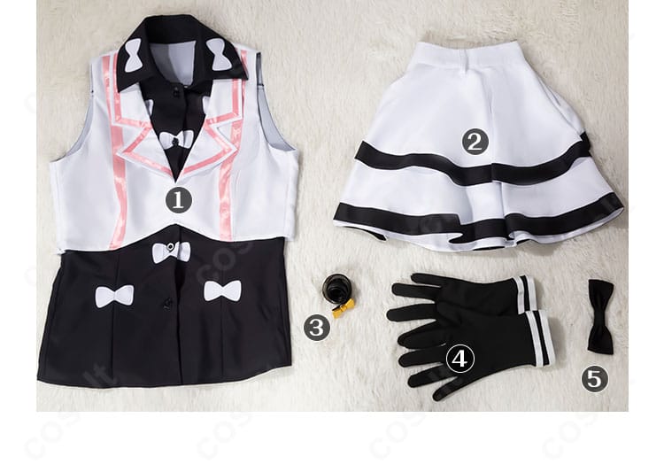 セット内容一覧（トップス、スカート、ベルト、蝶結び、手袋）。同梱アイテムを一目で確認できる構成です。