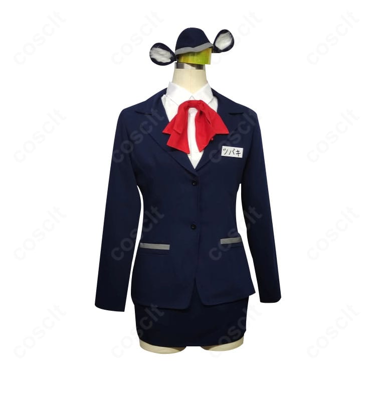 春日ツバキ コスプレ衣装の正面全体像。コート・シャツ・スカートの配色とライン、スカーフの結び位置まで整えた高再現デザイン。