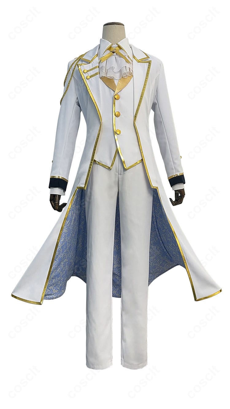 凪誠士郎 天使衣装コスプレの正面全体。刺繍とボタン配置、シルエットを確認できるフロントビュー。