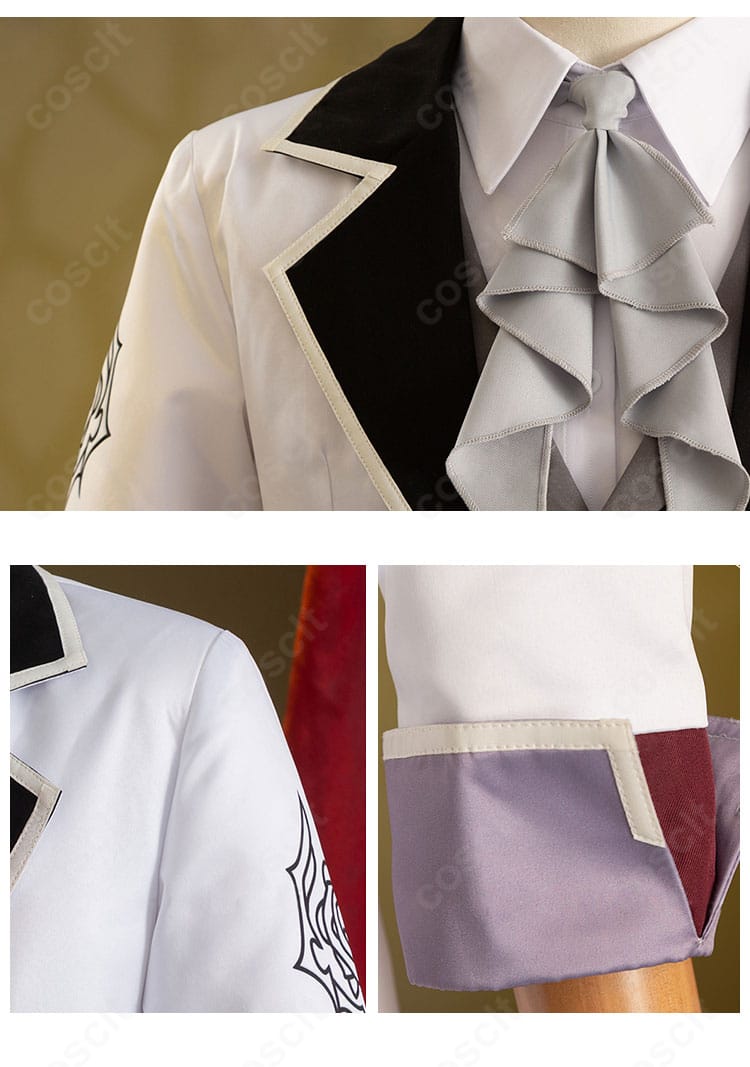 襟元と肩・袖の装飾。スカーフの結びと金装飾の質感が分かるアップ