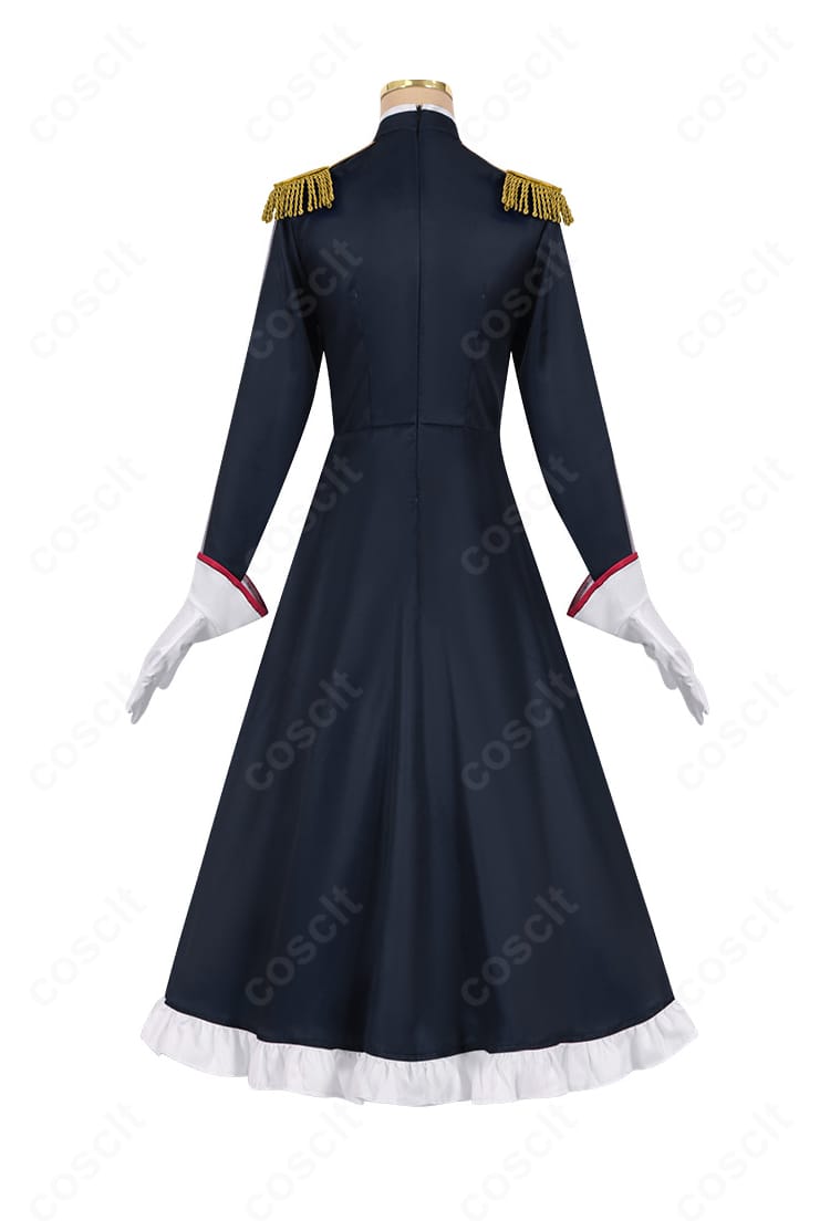 大川村寧 コスプレ衣装の背面。背面ファスナーと裾の落ち感、仕上げステッチが見えるショット。