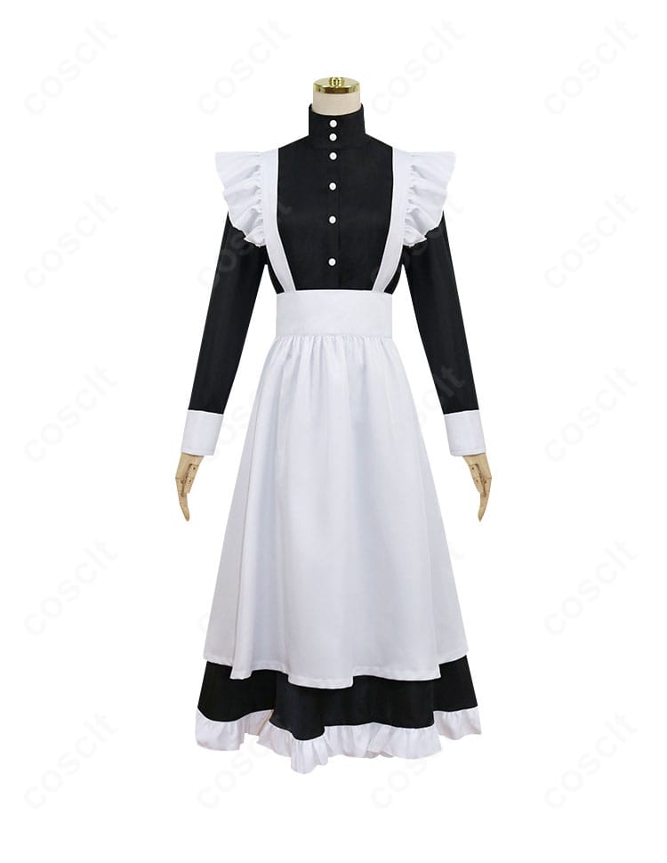 魔都精兵のスレイブ 大川村寧のコスプレ衣装 正面全身。上品なメイド風ワンピースとエプロンの高再現シルエットが分かる画像