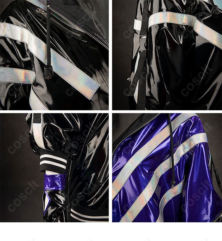 右肩袖の装飾ディテール。ベルト状パーツとステッチの仕上げを強調した接写。